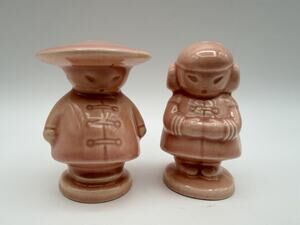 Vintage Dusty Pink Glazed Ceramic Salt & Pepper Shakers 3” Asian Boy & Girl Pair
